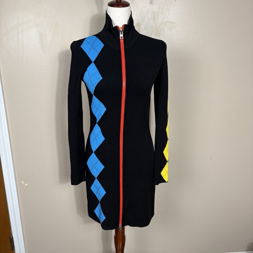 Diane Von Furstenberg DVF Argyle Zip Knit Dress Womens Samll Black Sporty Sz S